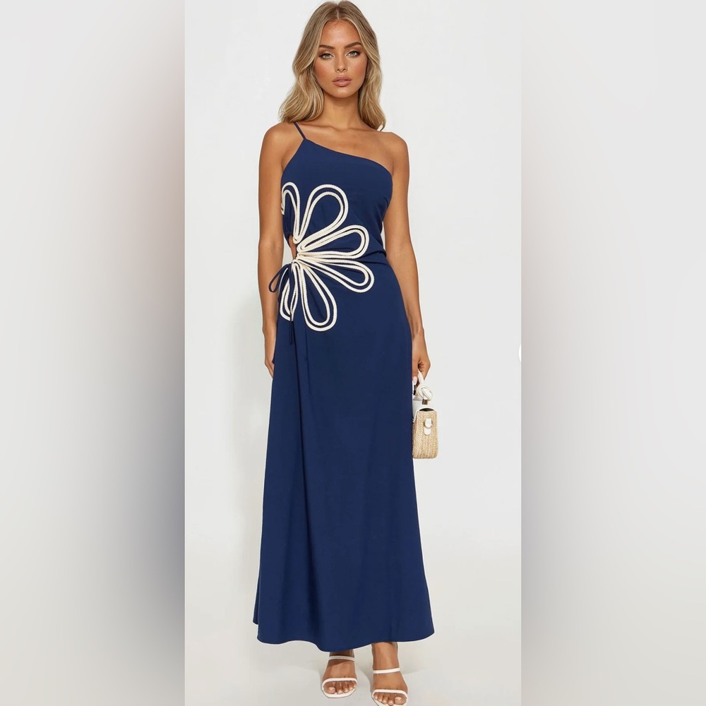 Navy Blue Maxi Dress with Cream Floral Detail